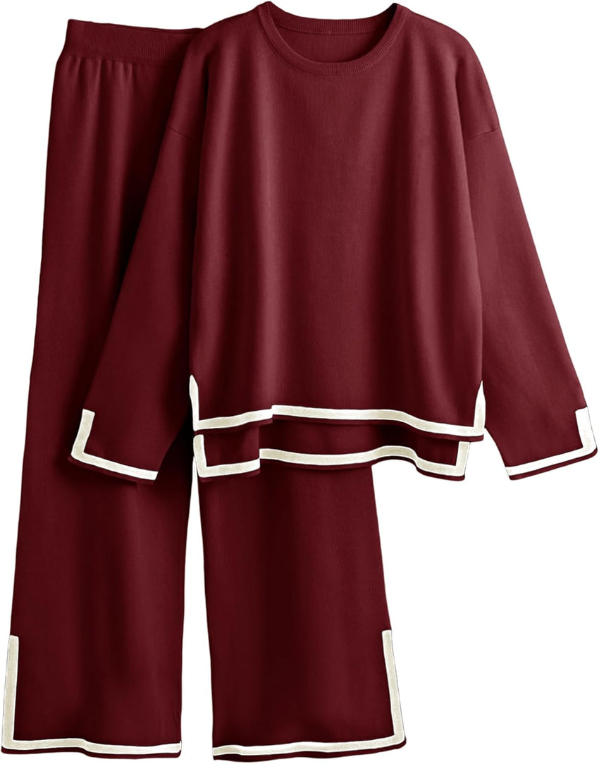 Tanming Women's 2 Piece Outfits Long Sleeve Knit Sweater Top Wide Leg Pants Lounge Sets Tracksuits