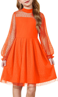 Arshiner Girls Dresses Contrast Mesh Puff Long Sleeve Mock Neck Formal Party A Line Short Tulle Dress