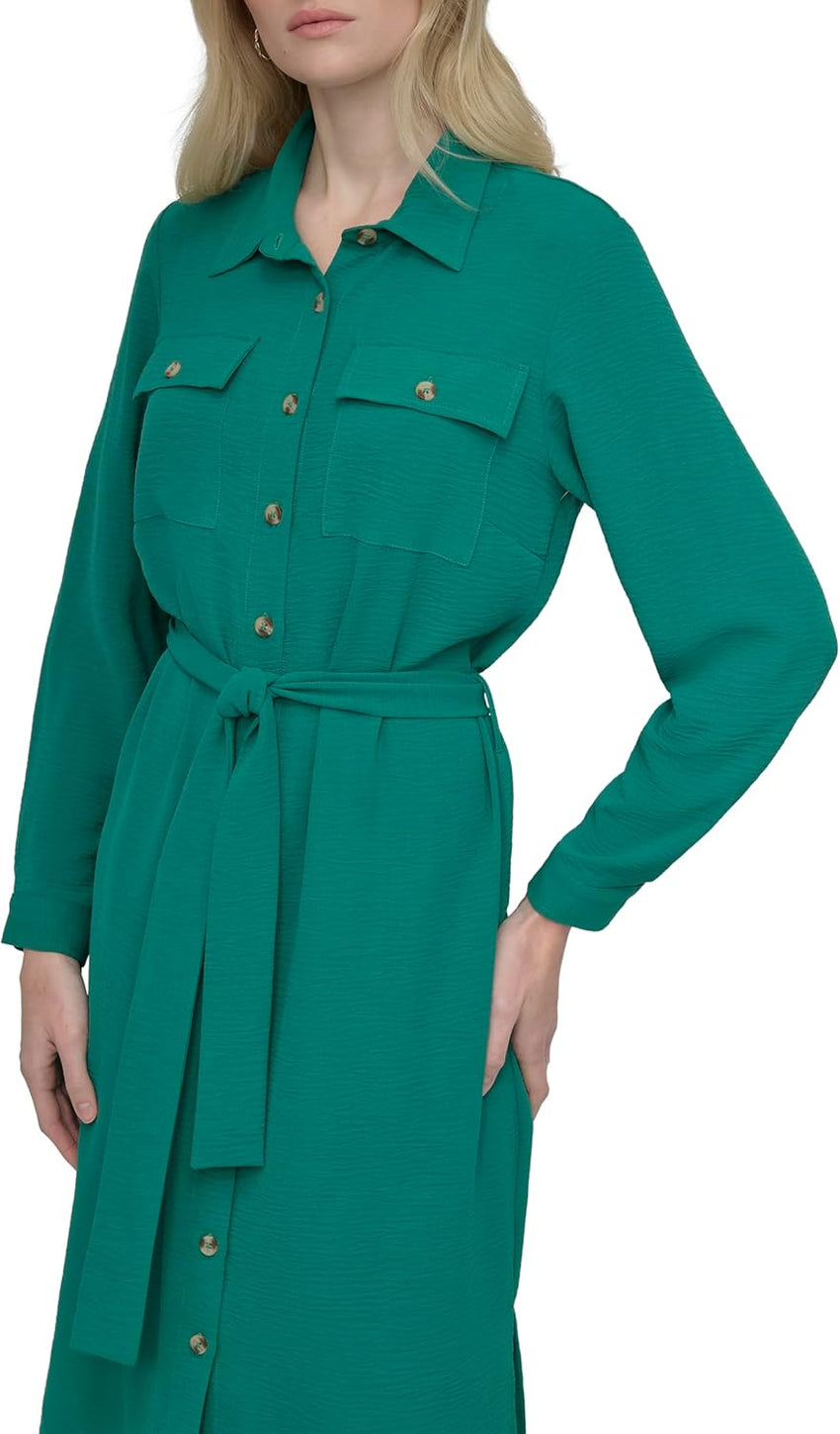 DKNY Womens Long Sleeve Collared Tie Midi Shirtdress