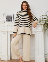 Tanming Women's Sweater Sets Long Sleeve Striped Jumper Tops Casual Knit Wide Leg Pants Sets