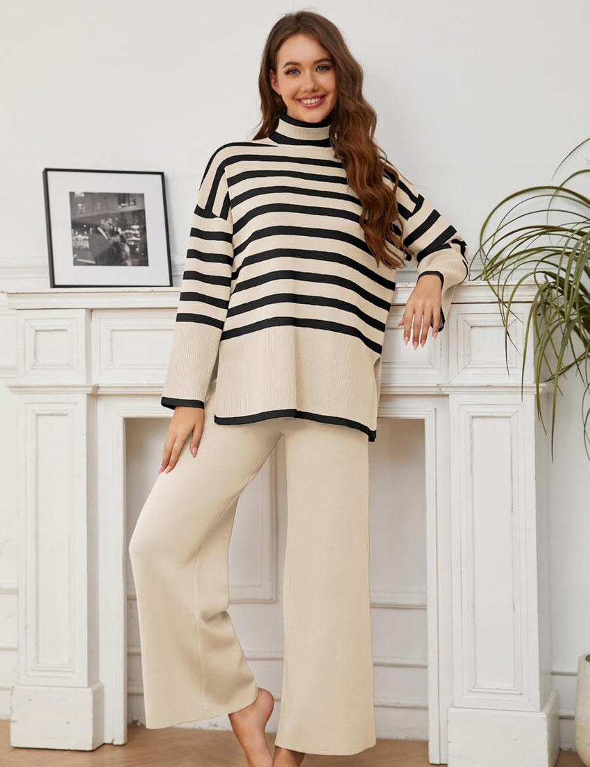 Tanming Women's Sweater Sets Long Sleeve Striped Jumper Tops Casual Knit Wide Leg Pants Sets