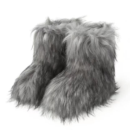 Wnshonzy Fur Boots for Women Snow Furry Fluffy Platform Flat Ankle Mini Boot Winter Round Toe Y2k Comfortable Mid-Calf Short Outdoor 2025