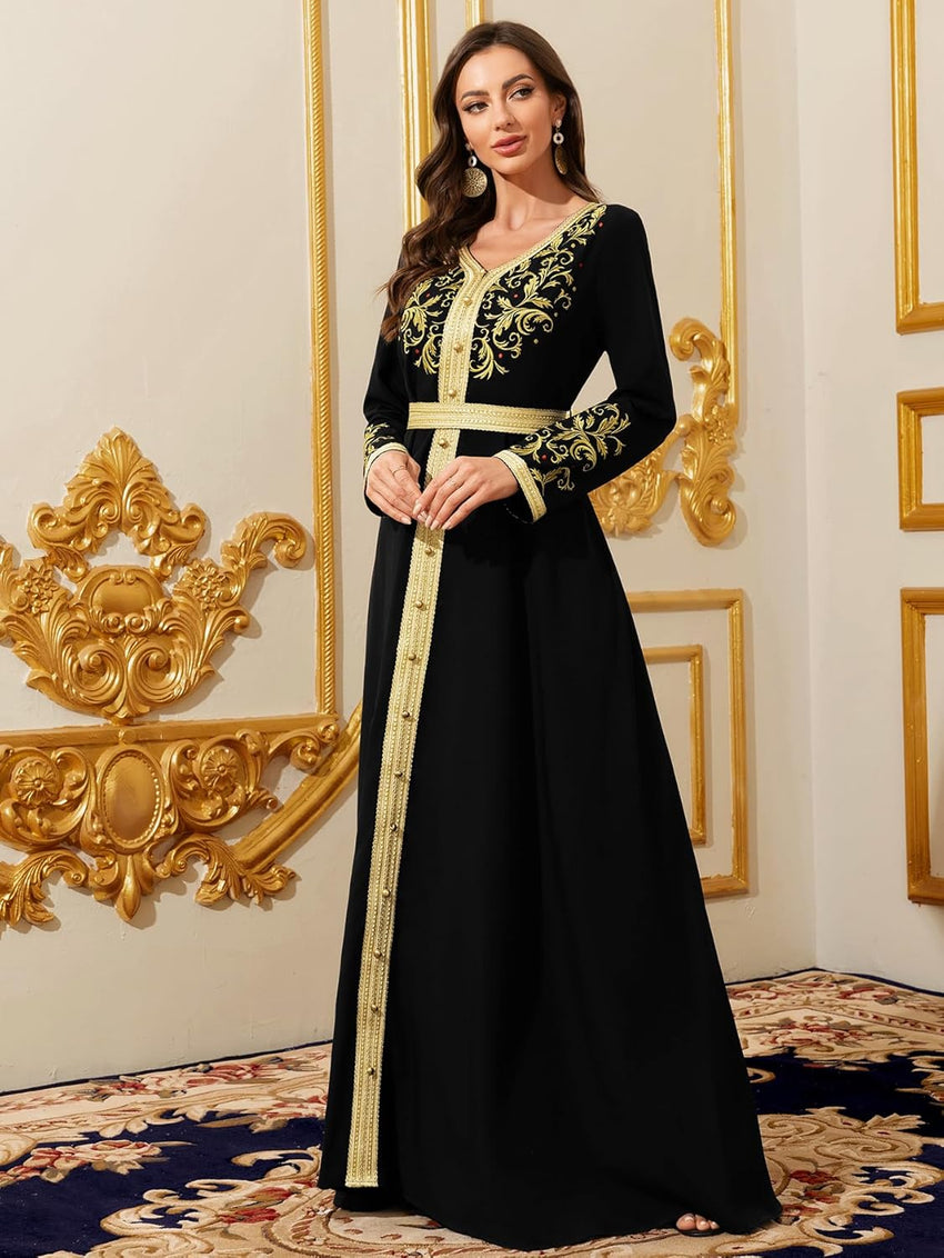 Elegant Muslim Dress with Gold Embroidered Evening Gown, Traditional Islamic Attire