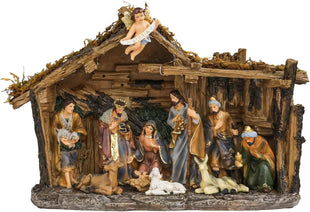 Bshine Nativity Scene Set Christmas Decor, Wooden Stable with LED Lights 12.4x9.05 Holy Family with Manger Baby Jesus Figurine, Nativity Scene Indoor Decor Home Desktop Collectible Ornaments