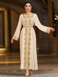 Lace Trim V-Neck Kaftan Dress, Long Sleeve Maxi Dress with Belt, Gold Embroidery Women's Evening Gown