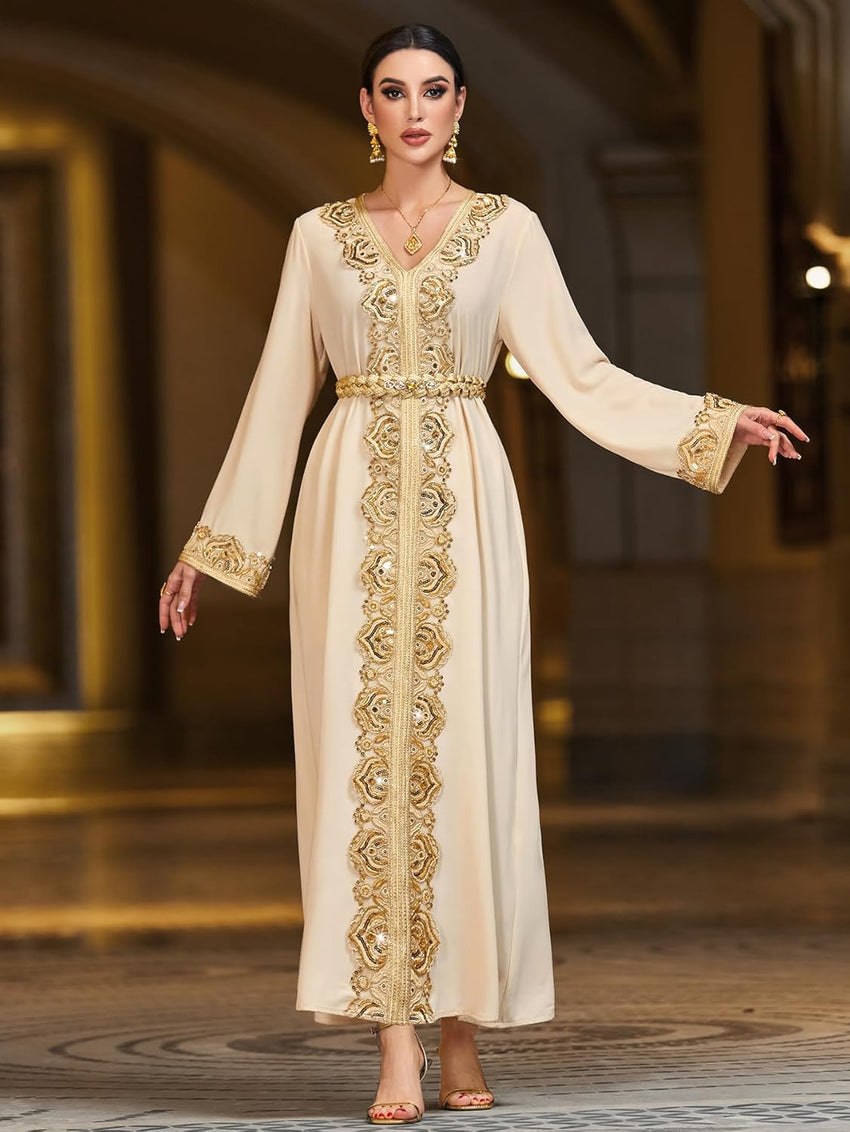 Lace Trim V-Neck Kaftan Dress, Long Sleeve Maxi Dress with Belt, Gold Embroidery Women's Evening Gown