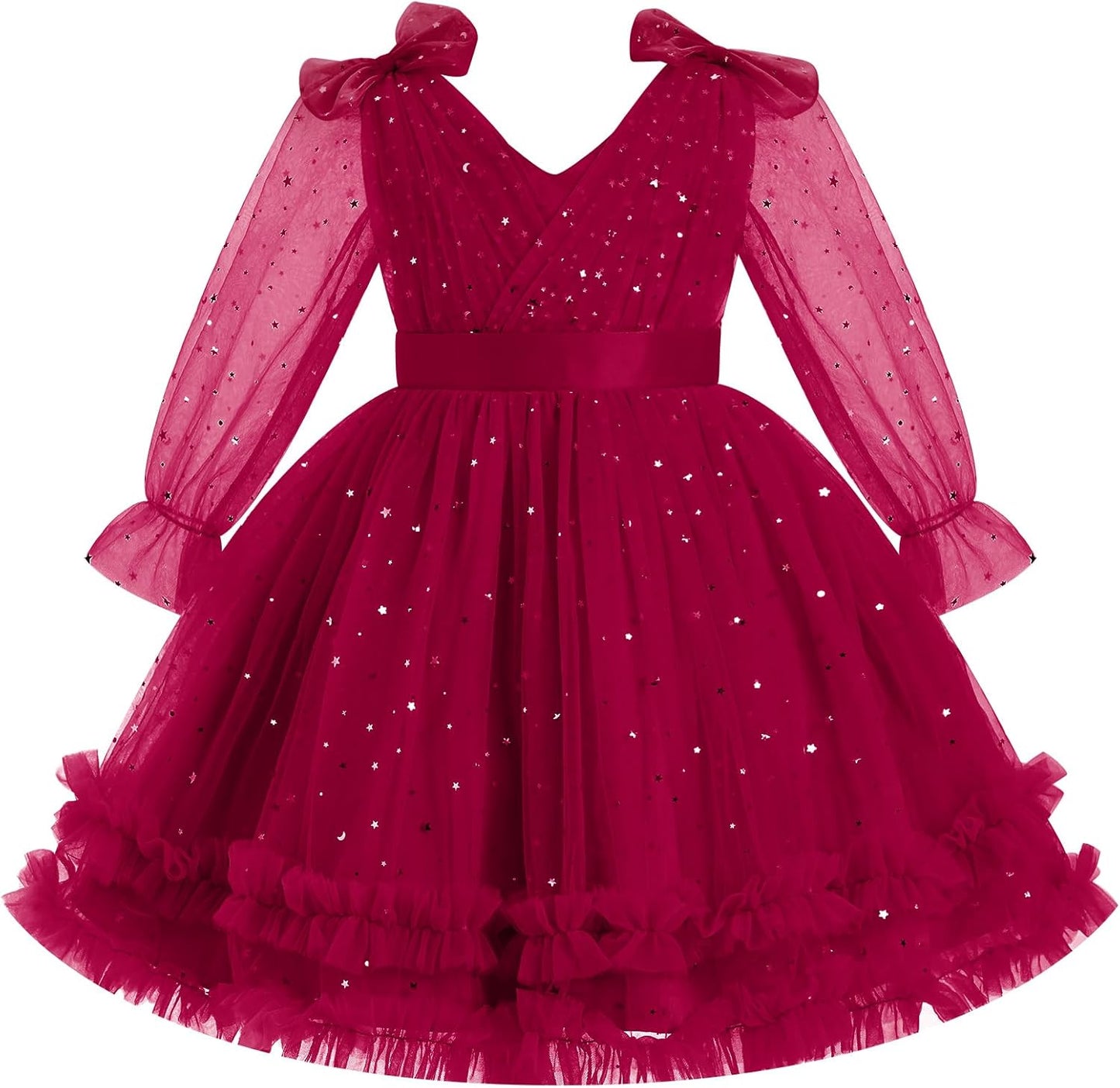 IMEKIS Toddler Kids Girls Tulle Dress Floral Embroidery Sparkly Wedding Party Long Sleeve Fall Photo Shoot Outfit 2-8T