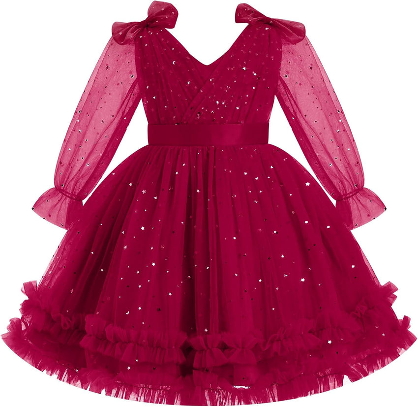 IMEKIS Toddler Kids Girls Tulle Dress Floral Embroidery Sparkly Wedding Party Long Sleeve Fall Photo Shoot Outfit 2-8T