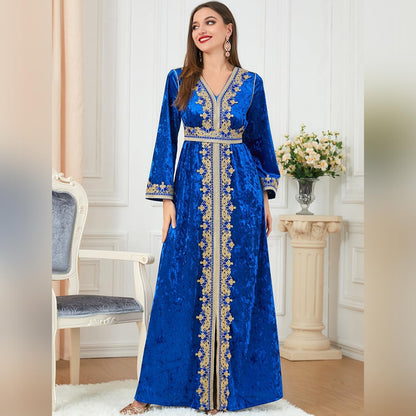 IDOPIP Muslim Women Velvet Dress Embroidery Abayas Long Sleeve V-Neck Moroccan Maxi Kaftan Dubai Robe Arabic Islamic Clothing