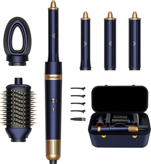 6-in-1 Hair Dryer Brush & Curling Iron Set, Hot Air Styler Hair Curler for Fast Drying, Smoothing & Volumizing, No Heat Damage, Professional Blowout Tool with Travel Case - Prussian Blue