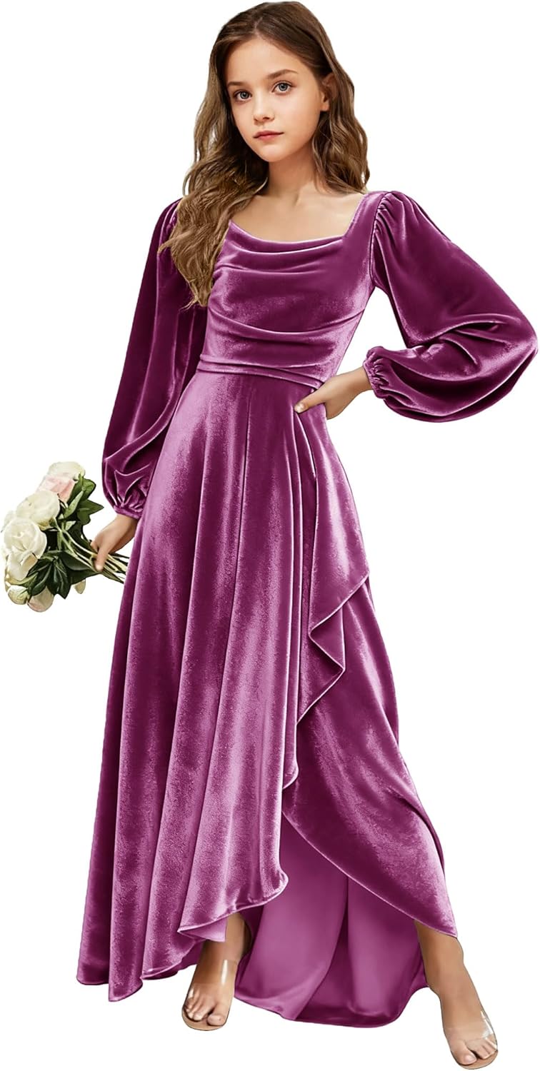 Velvet Junior Bridesmaid Dresses Long Sleeve Girls Christmas Dress Flower Girl Dresses Wedding Guest Maxi Party Gown