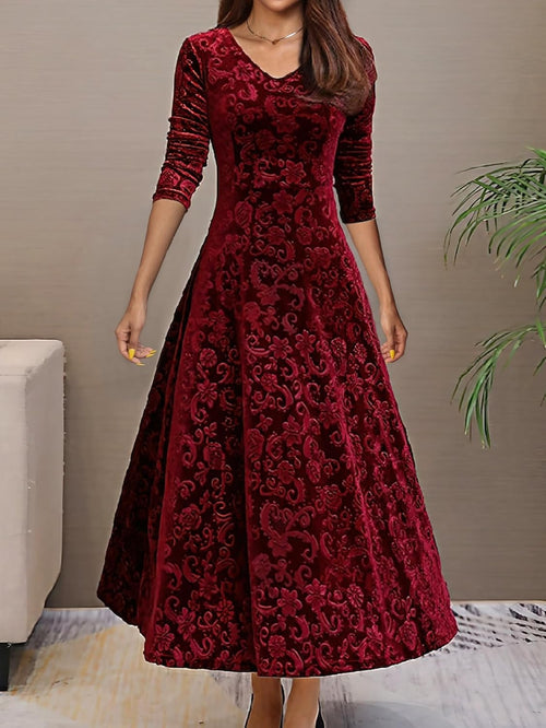 Women's Velvet Midi Dresses Floral Print Long Sleeve V Neck Formal Wedding Guest Fall Winter Dress