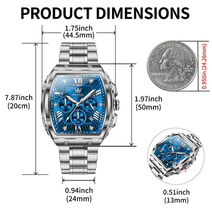 OLEVS Watches Men Chronograph Waterproof Rectangle Face Moon Phase Stainless Steel Strap Dress Watches for Men Luminous Quartz Calendar Mens Wrist Watch
