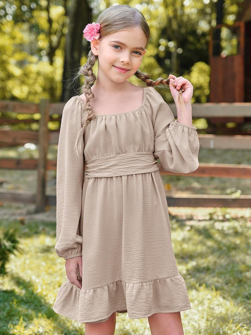 Batermoon Girls Long Sleeve Tie Back Dress Kids Fall Square Neck A-Line Mini Dresses 5-14 Years