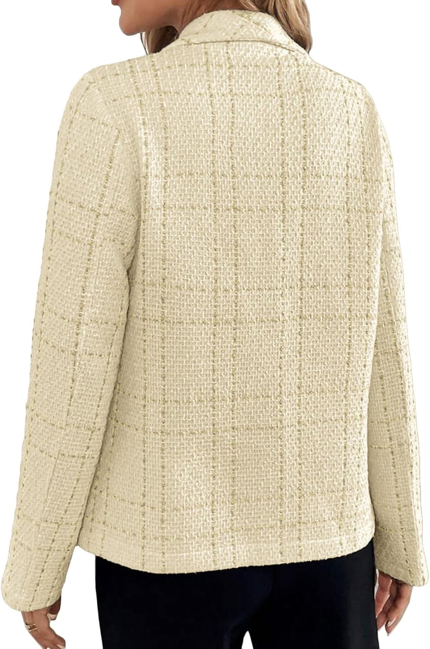 Mina Self 2025 Fall Women's Tweed Blazer Plaid - Slim Fully-Lined Fashion Casual Elegant Work Office Suit Jacket with Pockets