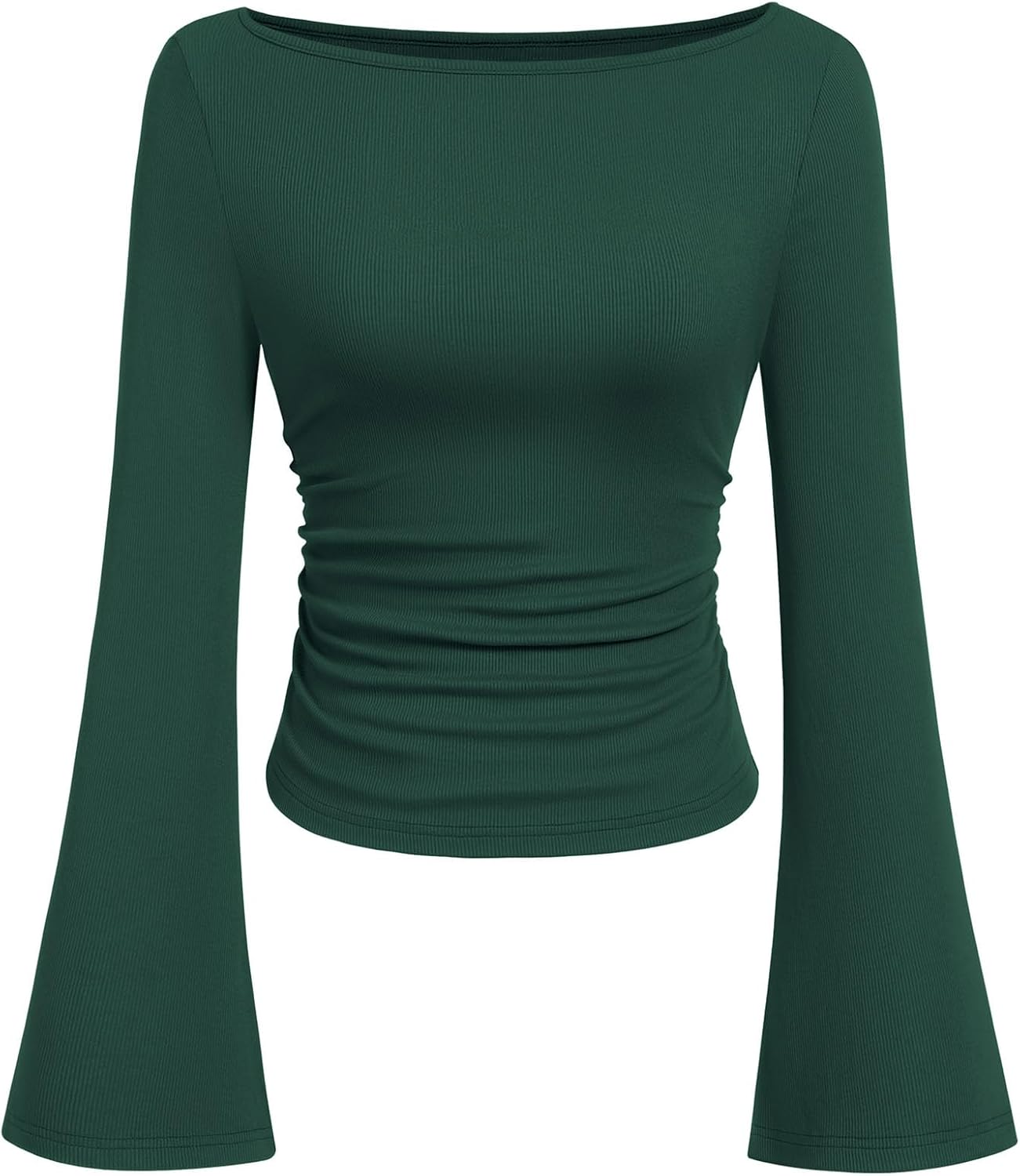 7DAY'S Women's Long Sleeve Shirts 2025 Fall Crop Going Out Tops Casual Boat Neck Bell Sleeve Ribbed Ruched Y2K Clothes