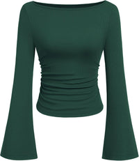 7DAY'S Women's Long Sleeve Shirts 2025 Fall Crop Going Out Tops Casual Boat Neck Bell Sleeve Ribbed Ruched Y2K Clothes