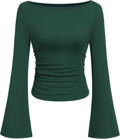 7DAY'S Women's Long Sleeve Shirts 2025 Fall Crop Going Out Tops Casual Boat Neck Bell Sleeve Ribbed Ruched Y2K Clothes
