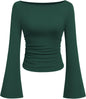 7DAY'S Women's Long Sleeve Shirts 2025 Fall Crop Going Out Tops Casual Boat Neck Bell Sleeve Ribbed Ruched Y2K Clothes