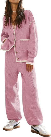 Women's 2 Piece Outfit Lounge Set Trendy Cardigan Sweater Pants Sets V Neck Button Pocket Knit Matching Loungewear