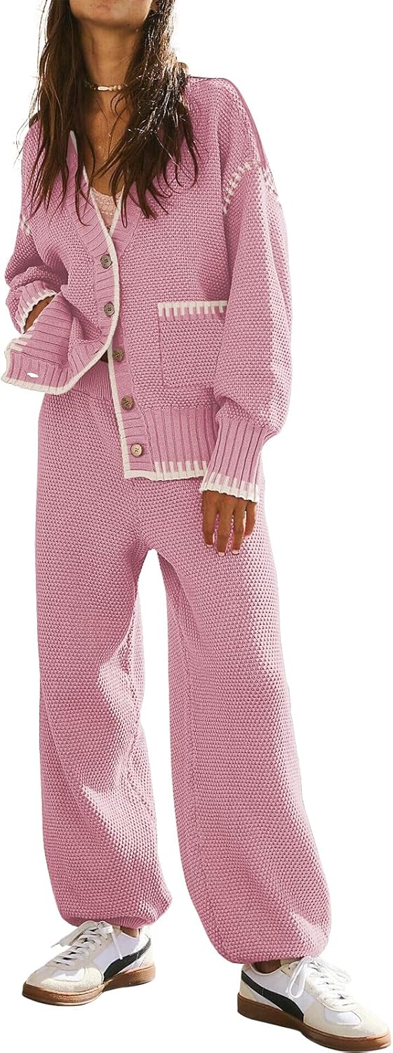 Women's 2 Piece Outfit Lounge Set Trendy Cardigan Sweater Pants Sets V Neck Button Pocket Knit Matching Loungewear