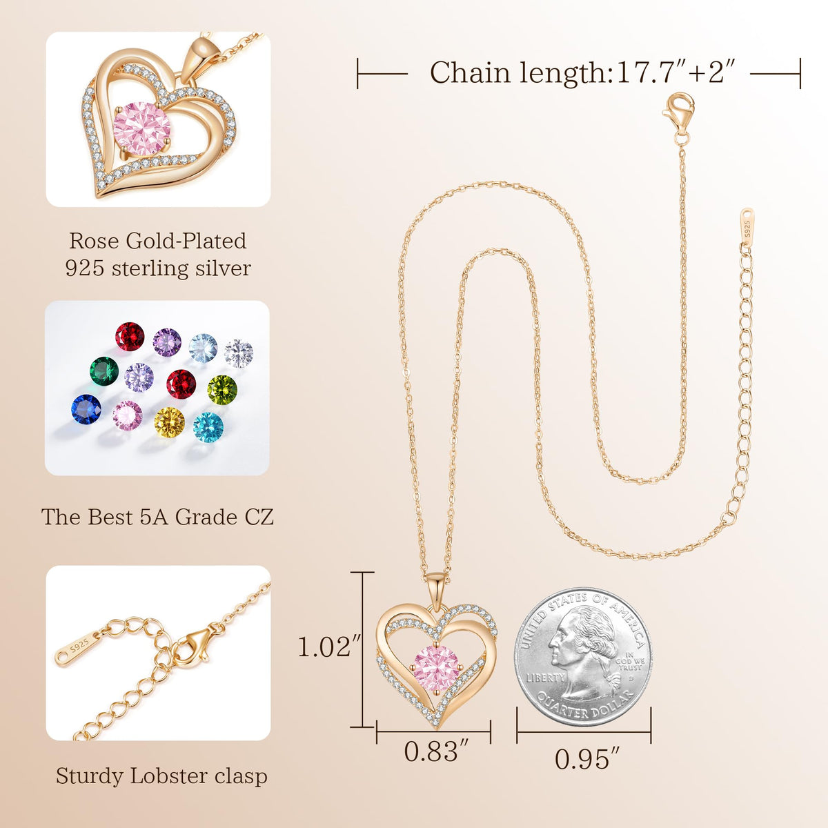 Personalized Double Heart Birthstone Necklace for Women – Sterling Silver Gift