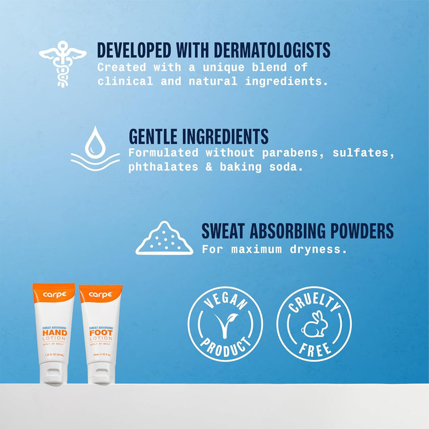 Carpe Sweat Absorbing Hand and Foot Lotion Bundle (3 Hand and 3 Foot Tubes), Stop Sweaty Hands and Sweaty, Smelly Feet, Dermatologist-Recommended