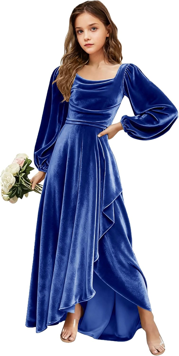 Velvet Junior Bridesmaid Dresses Long Sleeve Girls Christmas Dress Flower Girl Dresses Wedding Guest Maxi Party Gown