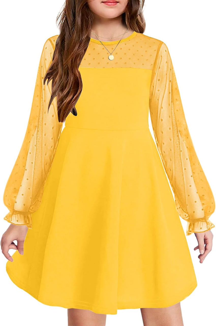 Arshiner Girl's Contrast Mesh Puff Long Sleeve High Waist A Line Short Dress with Pockets for 6-13 Years
