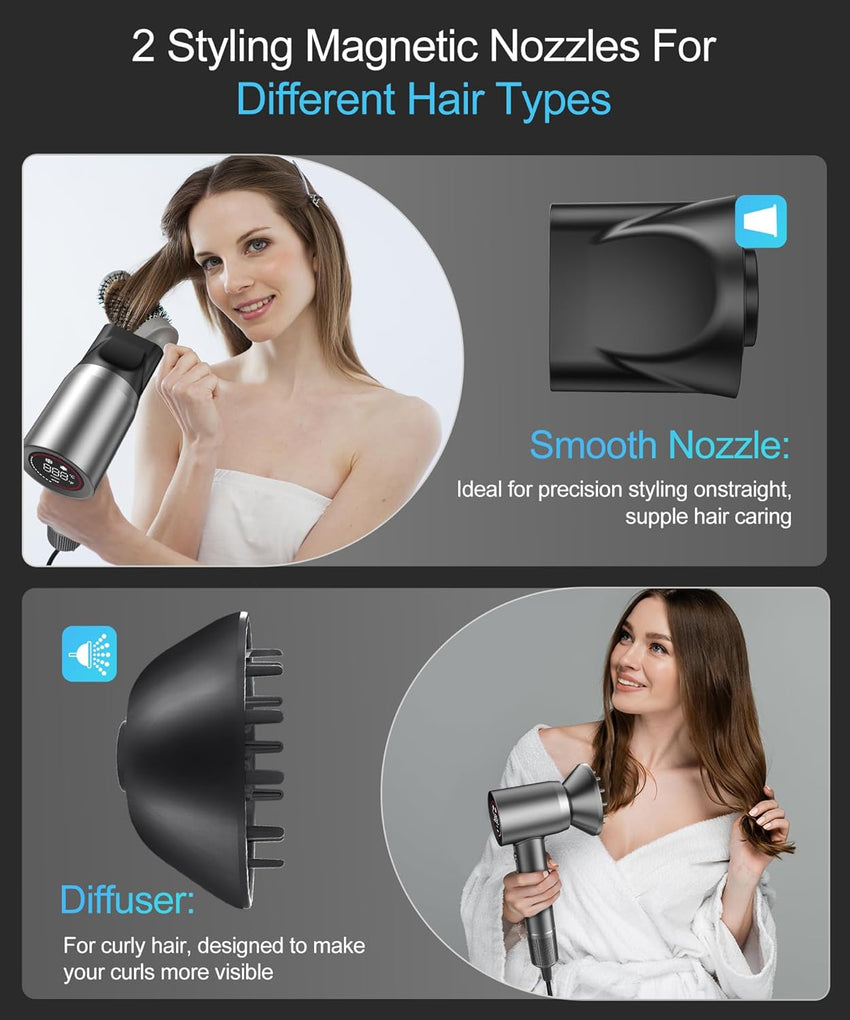 Hair Dryer - Negative Ionic Blow Dryer with 150000 RPM High Speed Brushless Motor for Fast Drying, Low Noise, HD Display Hair Dryer with Diffuser and Nozzle, 5 Temps & 2 Speeds