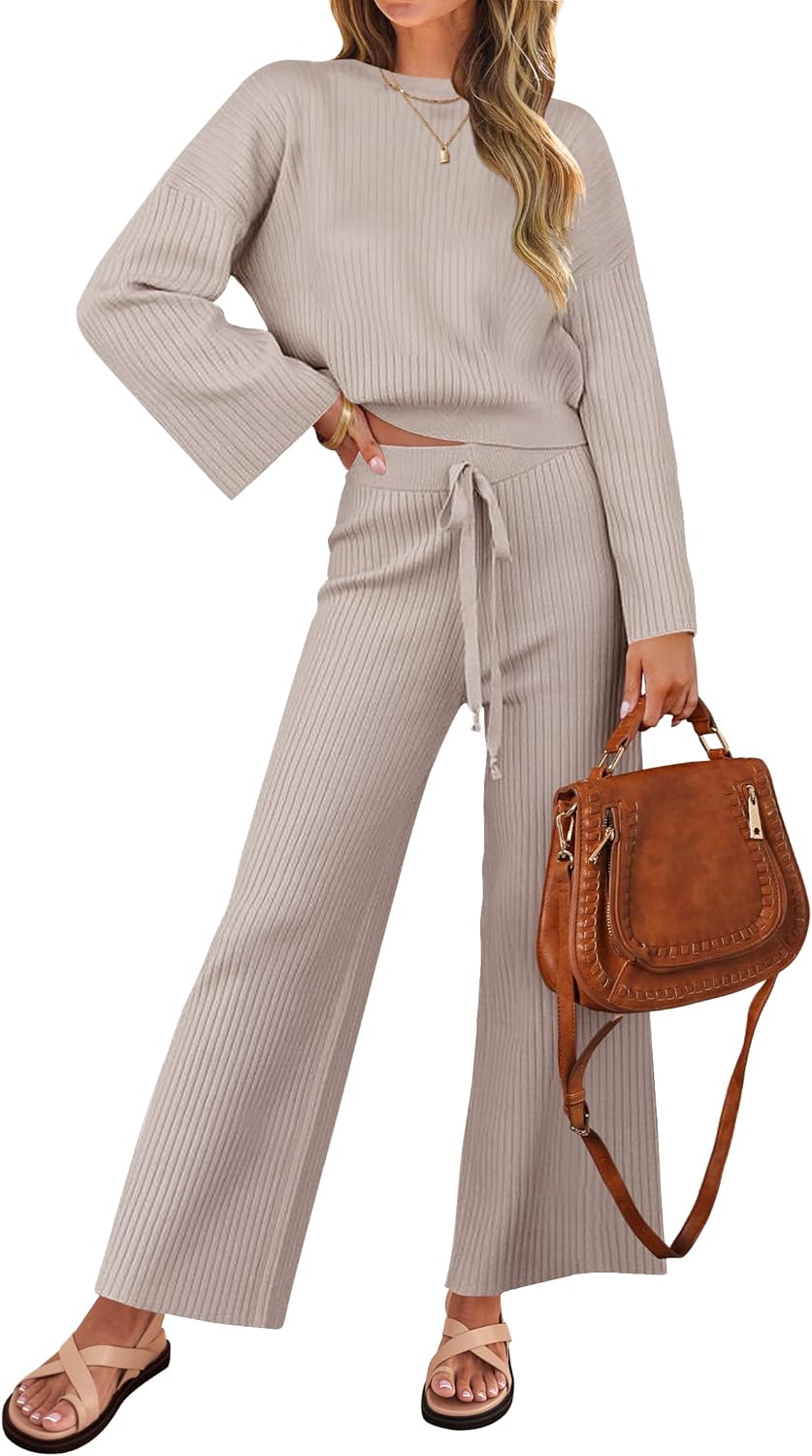 ZESICA Women's 2 Piece Outfits Set 2025 Casual Long Sleeve Knit Pullover Top and Wide Leg Pants Sweatsuit Lounge Sets