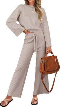 ZESICA Women's 2 Piece Outfits Set 2025 Casual Long Sleeve Knit Pullover Top and Wide Leg Pants Sweatsuit Lounge Sets