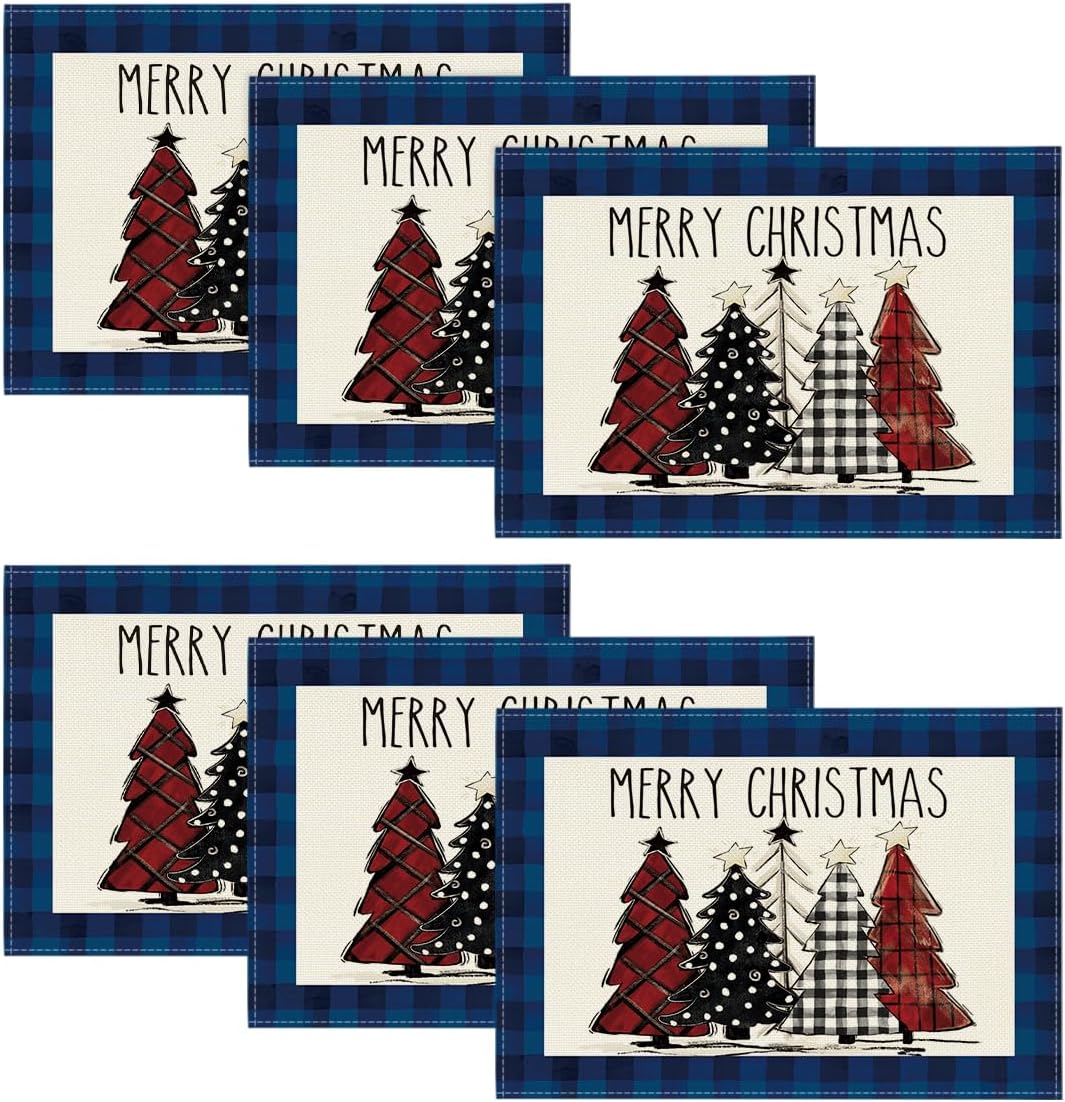 Artoid Mode Waterclor Buffalo Plaid Christmas Trees Placemats Set of 4, 12x18 Inch Winter Table Mats for Outdoor Home Party Kitchen Dining Decor