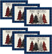 Artoid Mode Waterclor Buffalo Plaid Christmas Trees Placemats Set of 4, 12x18 Inch Winter Table Mats for Outdoor Home Party Kitchen Dining Decor
