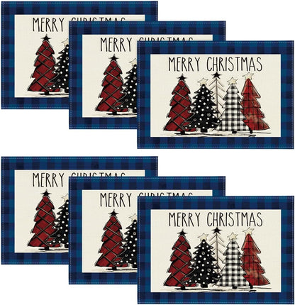 Artoid Mode Waterclor Buffalo Plaid Christmas Trees Placemats Set of 4, 12x18 Inch Winter Table Mats for Outdoor Home Party Kitchen Dining Decor
