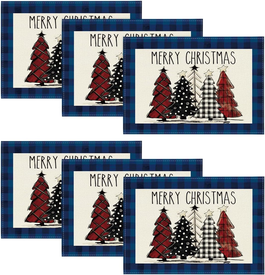 Artoid Mode Waterclor Buffalo Plaid Christmas Trees Placemats Set of 4, 12x18 Inch Winter Table Mats for Outdoor Home Party Kitchen Dining Decor