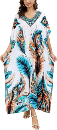 Women's Plus Size Loose Fit Moroccan Print V-Neck Batwing Kaftan Beach Dress Bathing Suit Cover Up