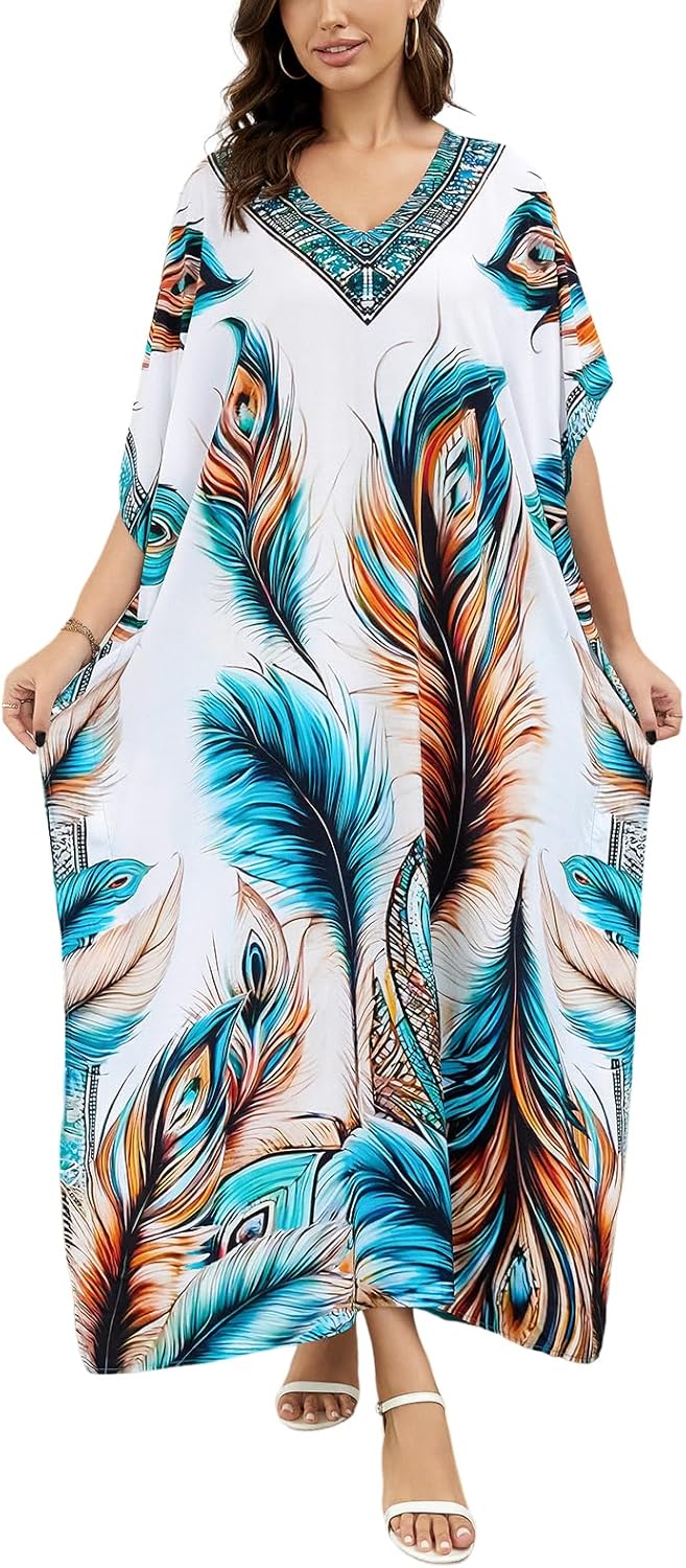 Women's Plus Size Loose Fit Moroccan Print V-Neck Batwing Kaftan Beach Dress Bathing Suit Cover Up