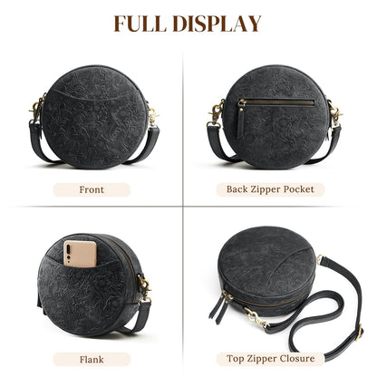 S-ZONE Leather Crossbody Bags for Women Circle Shoulder Round Purse Travel | Top Grain Leather, Keychain, Designer Handbag, Vintage, Multi Pockets, Detachable Strap, Eveyday Outing