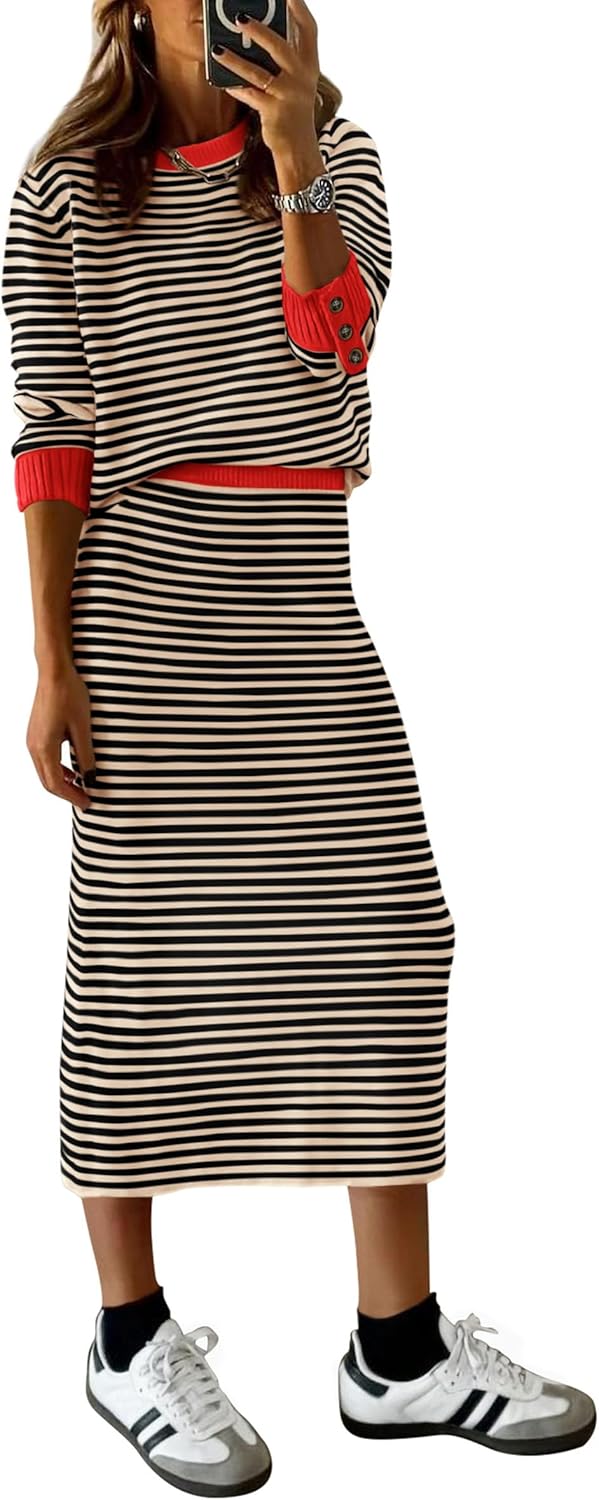 PRETTYGARDEN 2 Piece Skirts Sets For Women Fall Fashion 2025 Striped Sweater Dress Knit Lounge Travel Outfits Winter Clothing