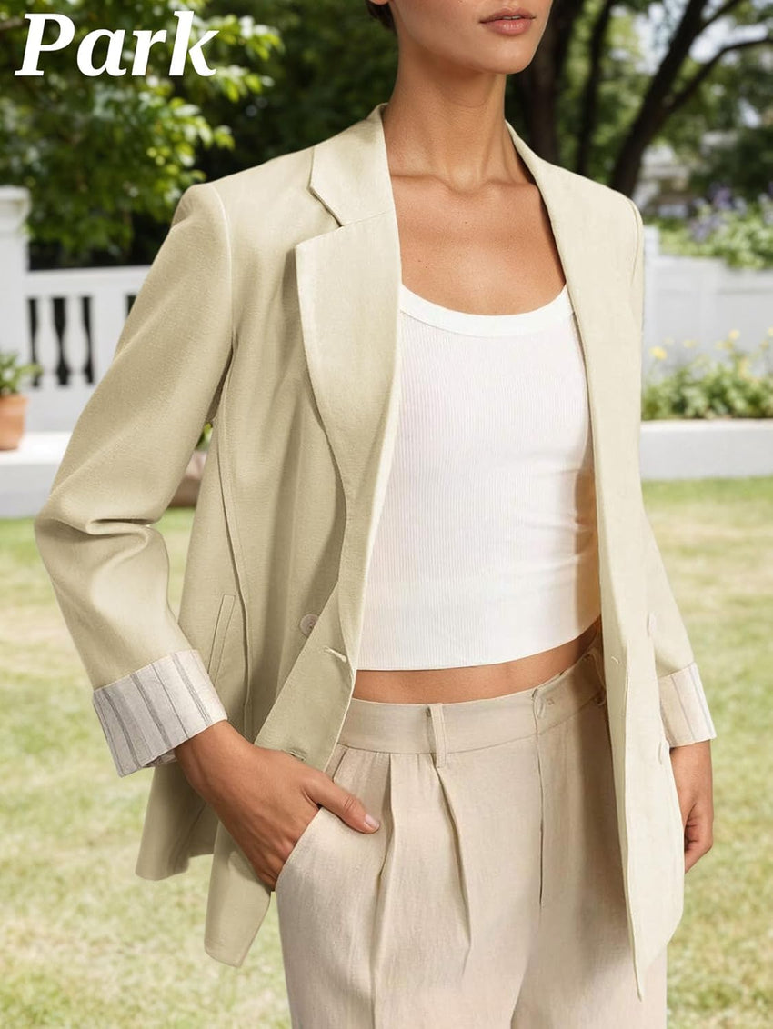 Mina Self 2025 Women's Casual Blazer Fall - Double Breasted Full-Lined Stripe Lightweight Fashion Work Office Jacket Pockets
