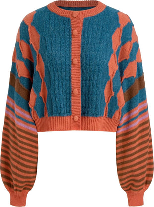 CIDER Cardigans for Women Trendy Crew Neck Striped Geometric Knit Cardigan Oversized Button Up Knitwear