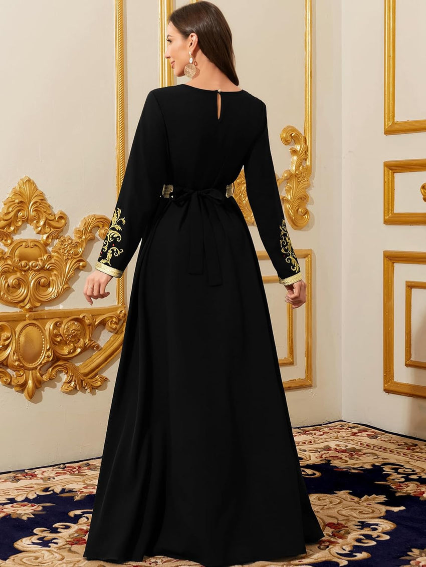 Elegant Muslim Dress with Gold Embroidered Evening Gown, Traditional Islamic Attire