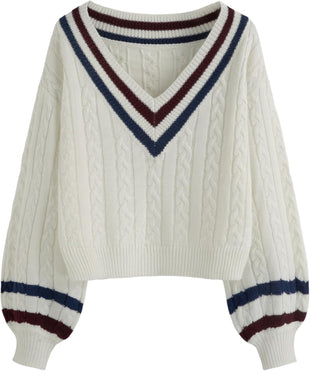 CIDER Cable Knit Sweater Women V Neck Long Sleeve Pullover Striped Trim Regular Fit Knit Top Fall Sweaters