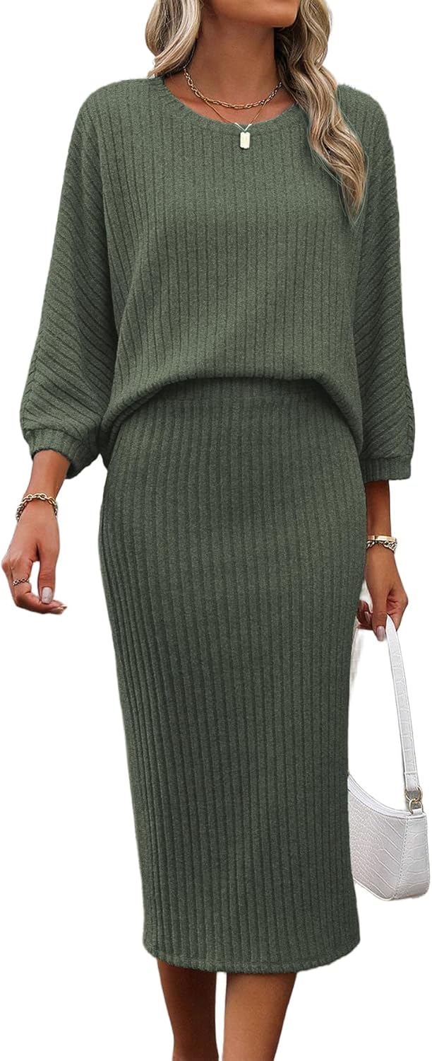 HBQ Women's 2 Piece Sweater Skirt Sets Ribbed Knit Loose Lantern Sleeve Top Midi Skirt Outfit Casual Loungewear Sets
