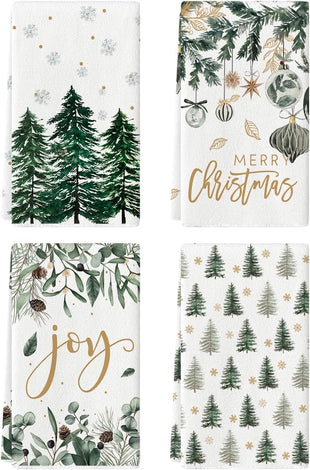 Artoid Mode Green Xmas Tree Ornament Christmas Kitchen Towels Dish Towels, 18x26 Inch Farmhouse Holiday Snowflake Winter Decoration Cleaning Set of 4