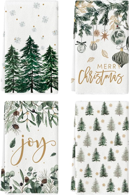 Artoid Mode Green Xmas Tree Ornament Christmas Kitchen Towels Dish Towels, 18x26 Inch Farmhouse Holiday Snowflake Winter Decoration Cleaning Set of 4