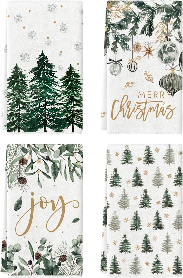 Artoid Mode Green Xmas Tree Ornament Christmas Kitchen Towels Dish Towels, 18x26 Inch Farmhouse Holiday Snowflake Winter Decoration Cleaning Set of 4