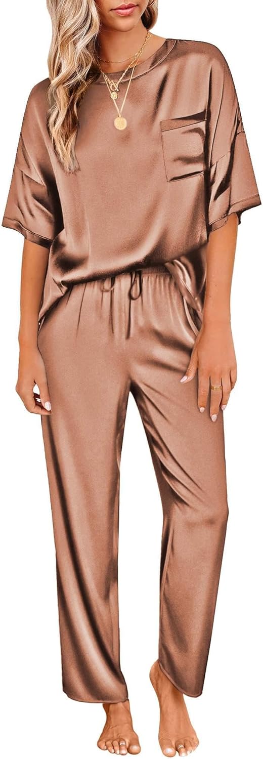 Ekouaer Womens Satin Silky Pajama Set Short Sleeve Shirt with Long Pajama Pant Set Soft PJ Loungewear