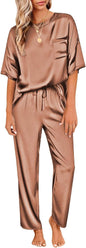 Ekouaer Womens Satin Silky Pajama Set Short Sleeve Shirt with Long Pajama Pant Set Soft PJ Loungewear